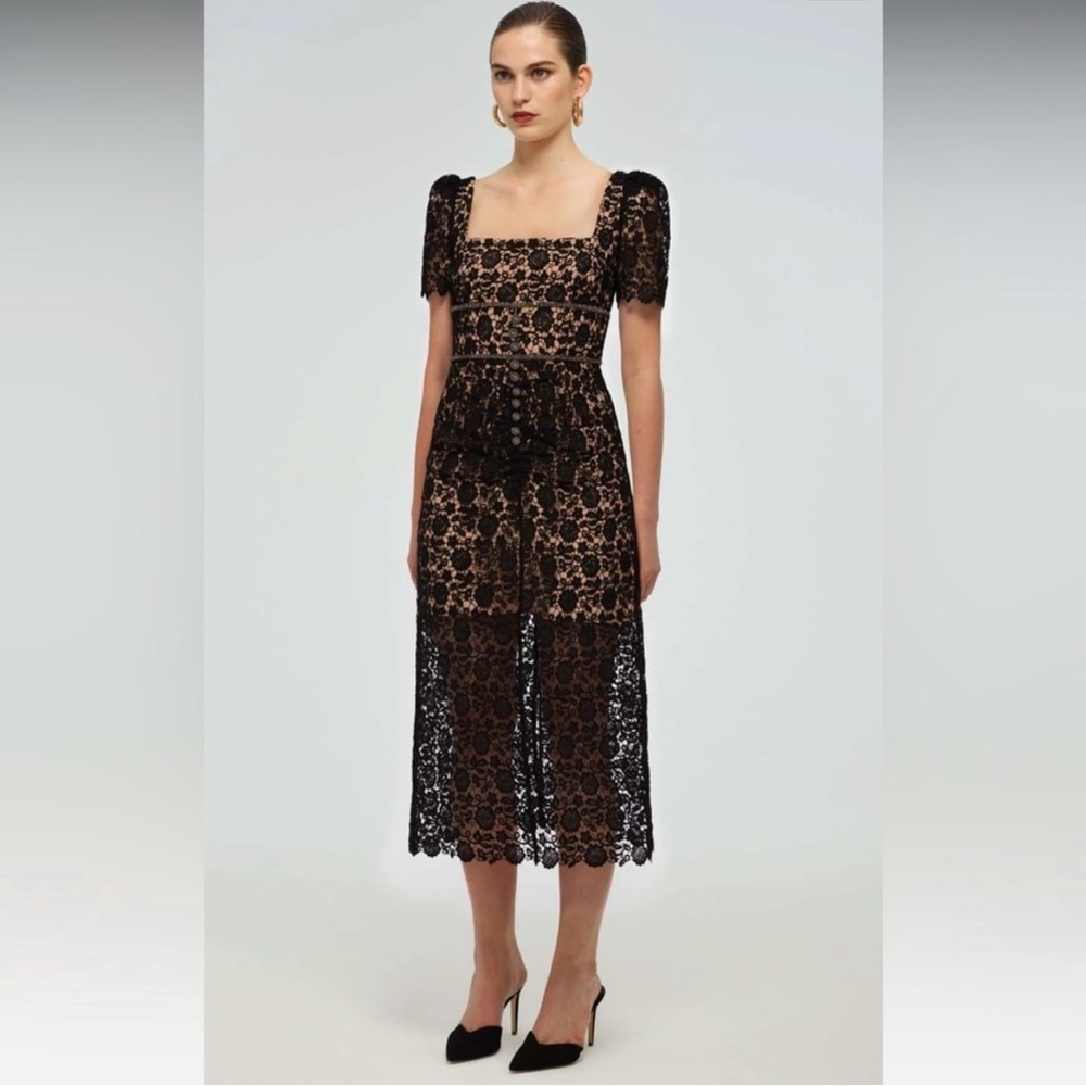 Self-Portrait Guipure Fitted Embellished Buttons Black Lace Midi Dress NWOT - Picture 2 of 15